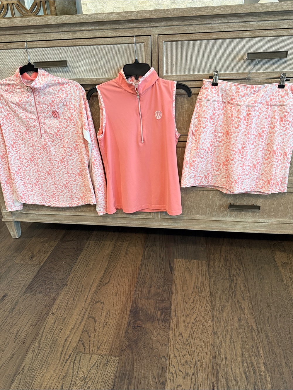 Fairway & Greene Pink Patterned 3-Piece Golf Top, Sleeveless Zip, and Skort Set
